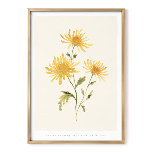 Golden Chrysanthemum Study, gold, green, beige floral wall art, front artwork view