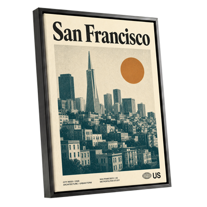 Golden City Modernism, beige, green, orange minimalist wall art shown as a black framed canvas wall art