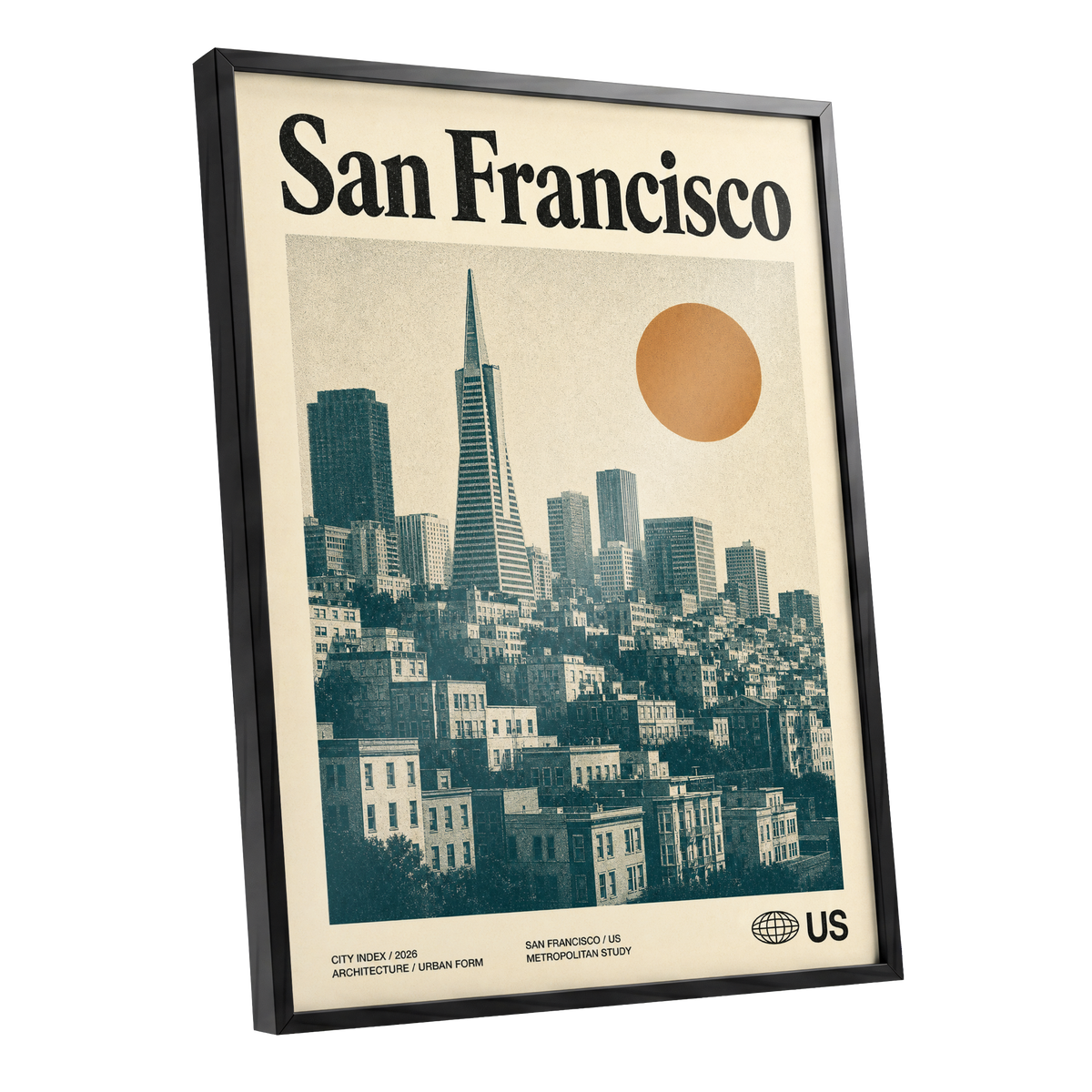 Golden City Modernism, beige, green, orange minimalist wall art shown as a black framed poster wall art print