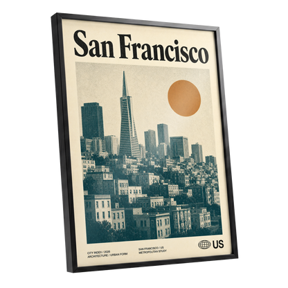 Golden City Modernism, beige, green, orange minimalist wall art shown as a black framed poster wall art print