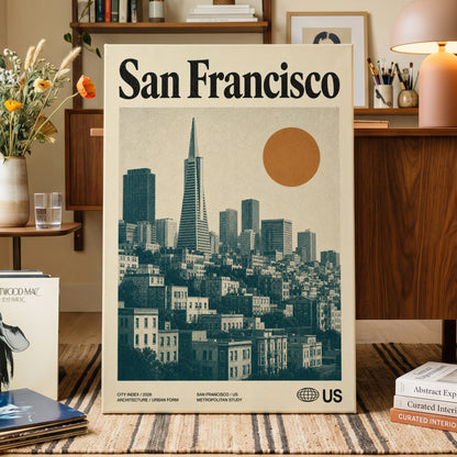 Golden City Modernism, beige, green, orange minimalist wall art on canvas displayed in a styled interior, gallery view 1