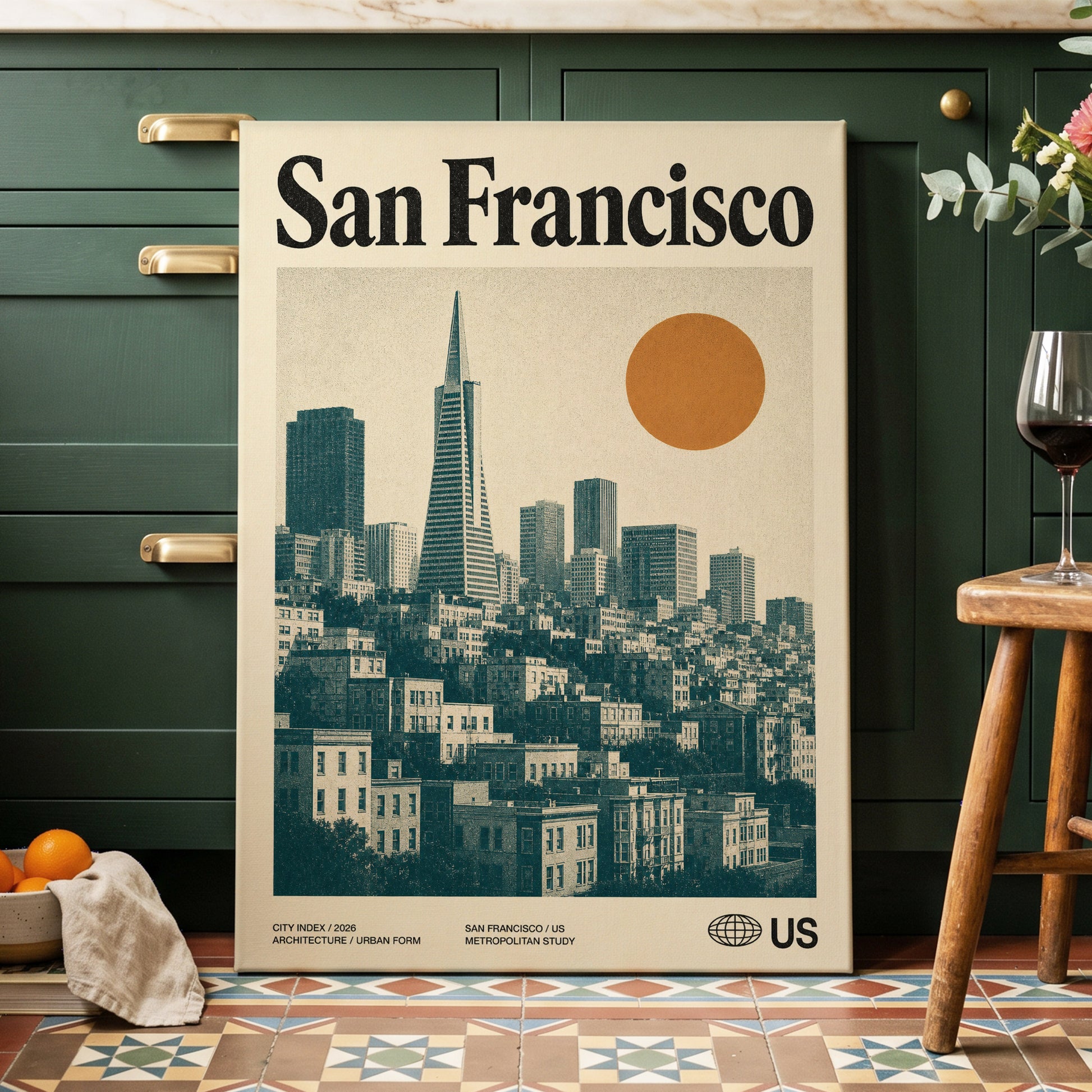 Golden City Modernism, beige, green, orange minimalist wall art on canvas displayed in a styled interior, gallery view 2