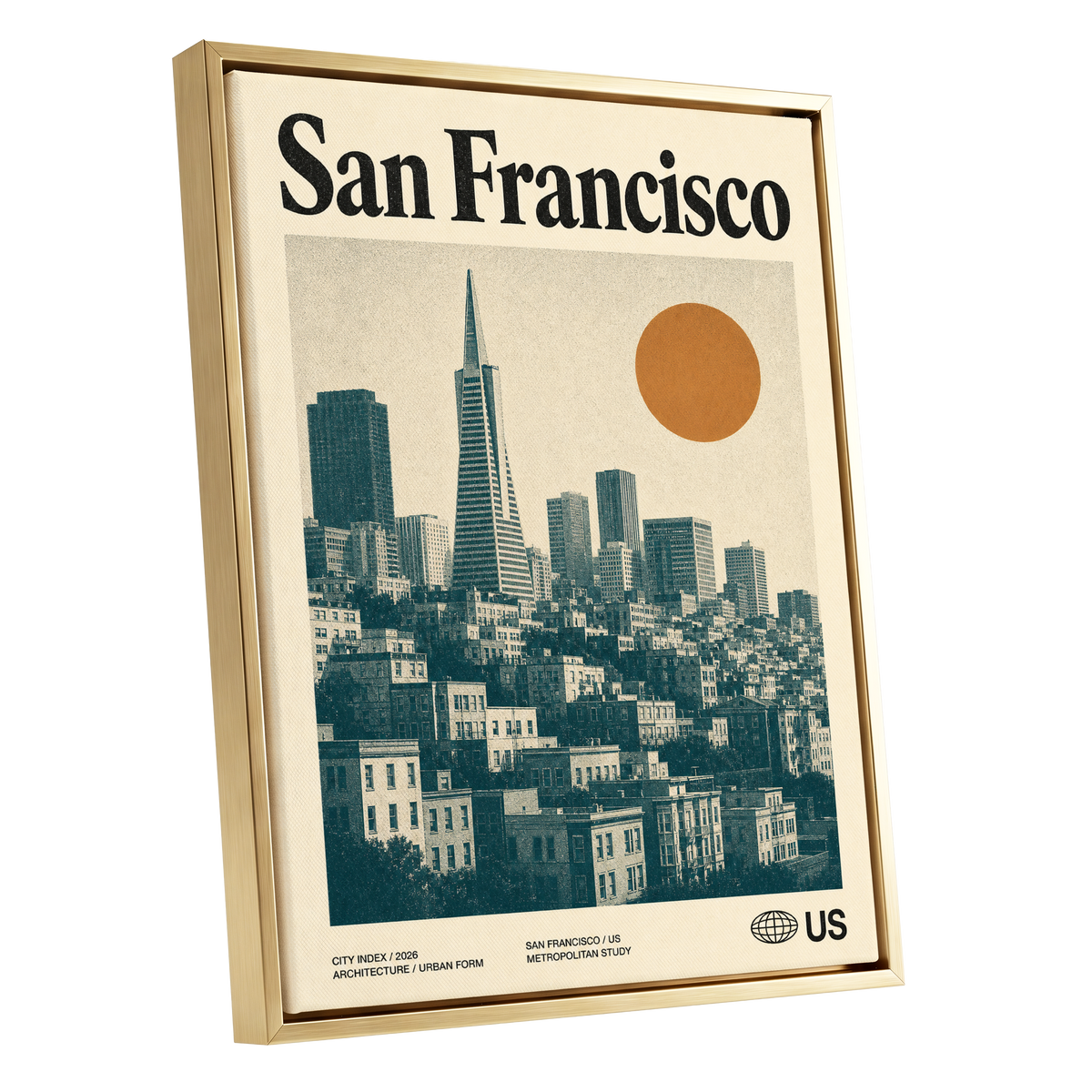 Golden City Modernism, beige, green, orange minimalist wall art shown as a gold framed canvas wall art