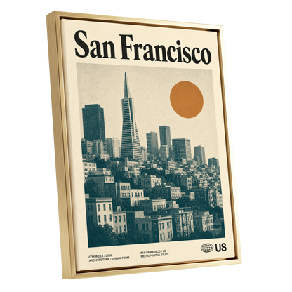 Golden City Modernism, beige, green, orange minimalist wall art shown as a gold framed canvas wall art
