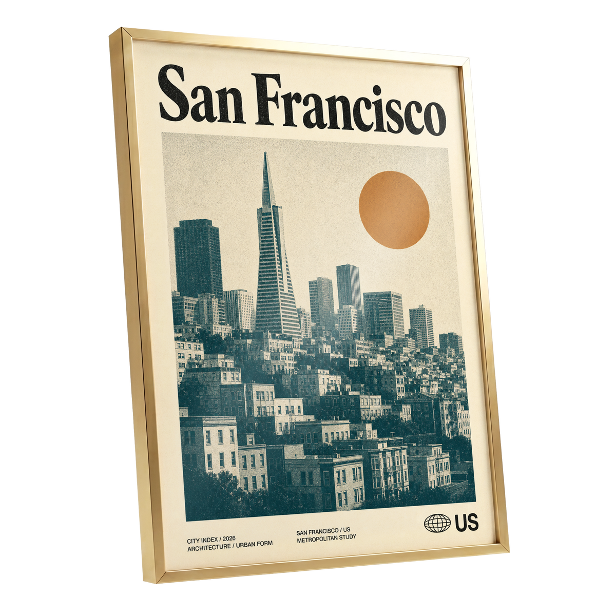 Golden City Modernism, beige, green, orange minimalist wall art shown as a gold framed poster wall art print