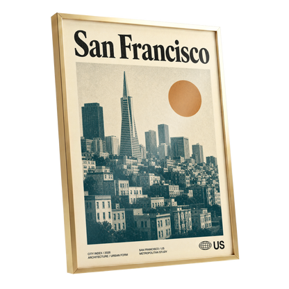 Golden City Modernism, beige, green, orange minimalist wall art shown as a gold framed poster wall art print