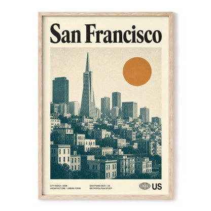 Golden City Modernism, beige, green, orange minimalist wall art, front artwork view