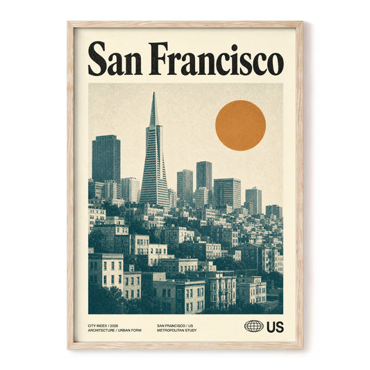 Golden City Modernism, beige, green, orange minimalist wall art, front artwork view