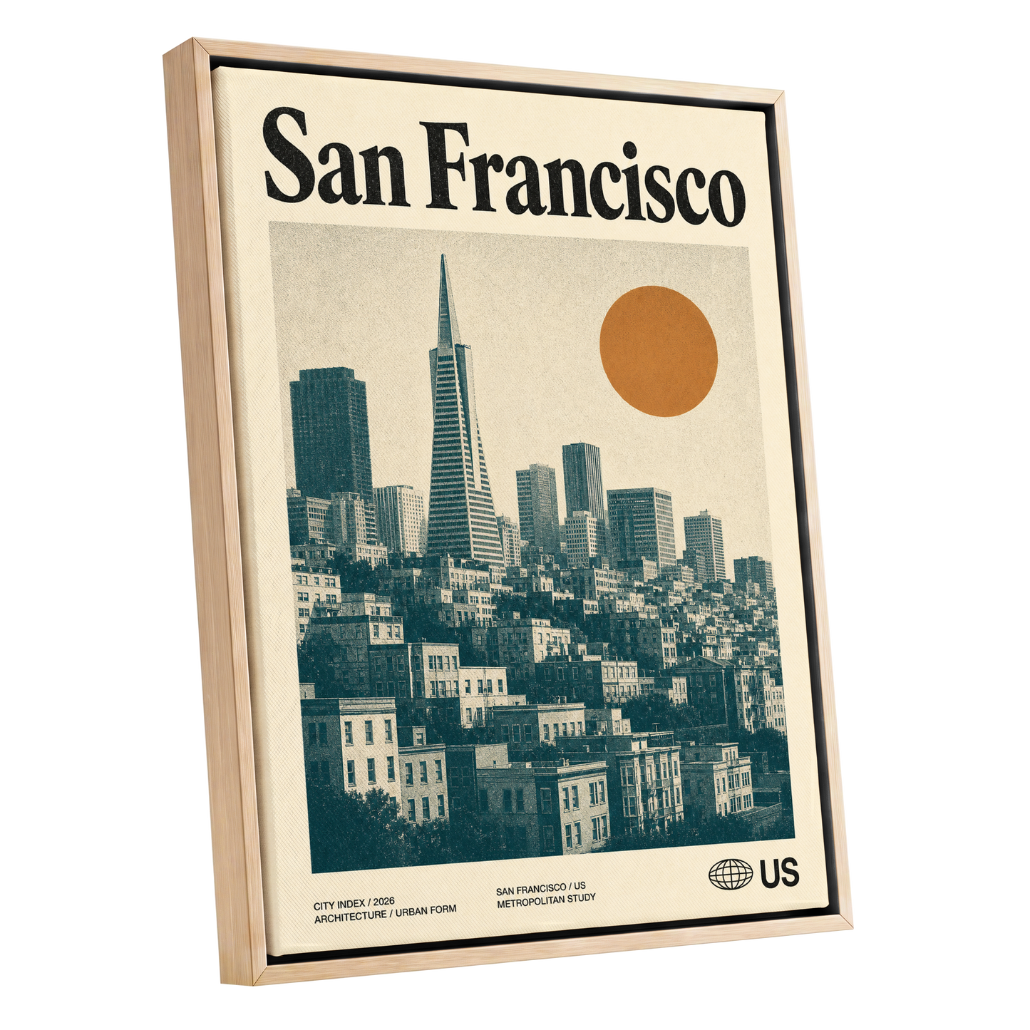 Golden City Modernism, beige, green, orange minimalist wall art shown as a oak framed canvas wall art