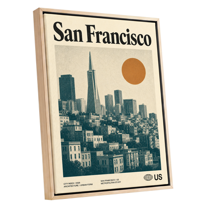 Golden City Modernism, beige, green, orange minimalist wall art shown as a oak framed canvas wall art