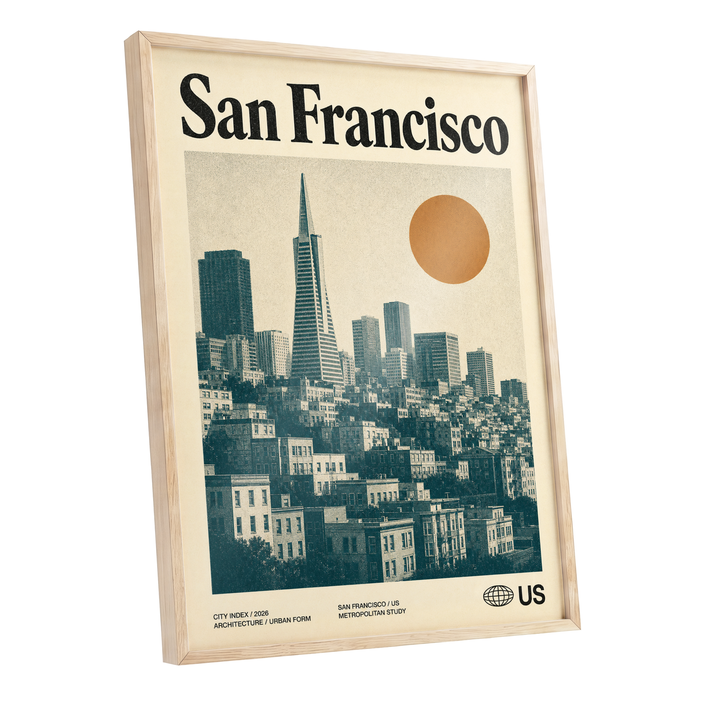 Golden City Modernism, beige, green, orange minimalist wall art shown as a oak framed poster wall art print