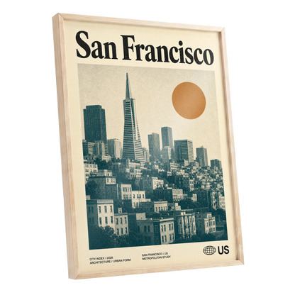 Golden City Modernism, beige, green, orange minimalist wall art shown as a oak framed poster wall art print