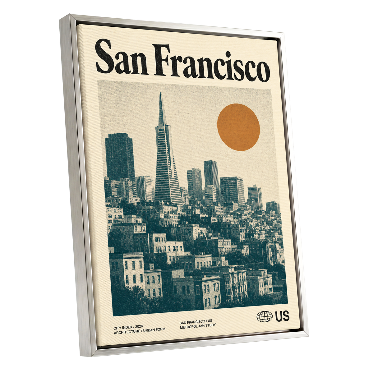 Golden City Modernism, beige, green, orange minimalist wall art shown as a silver framed canvas wall art