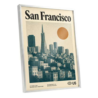Golden City Modernism, beige, green, orange minimalist wall art shown as a silver framed poster wall art print