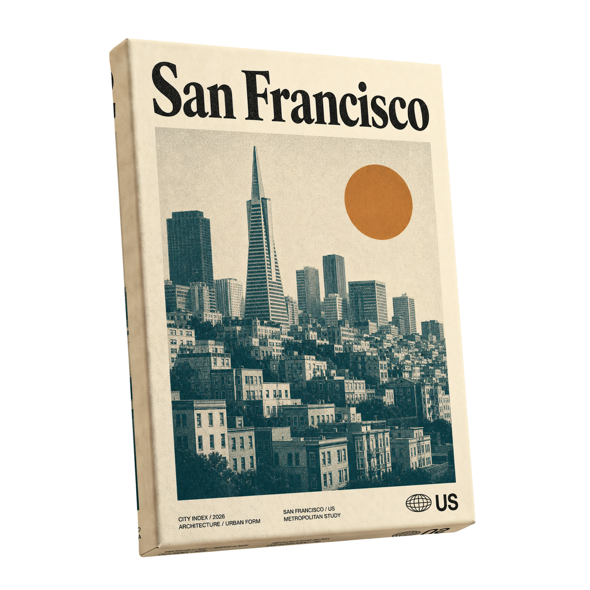 Golden City Modernism, beige, green, orange minimalist wall art shown as a stretched canvas wall art