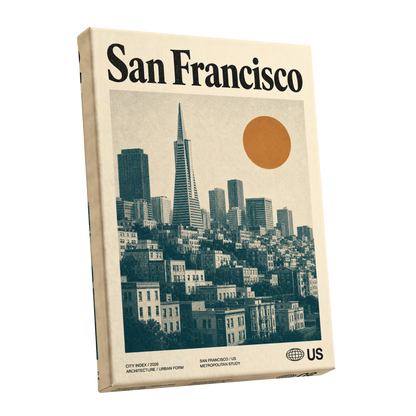 Golden City Modernism, beige, green, orange minimalist wall art shown as a stretched canvas wall art
