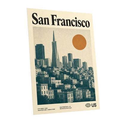 Golden City Modernism, beige, green, orange minimalist wall art shown as a unframed poster wall art print