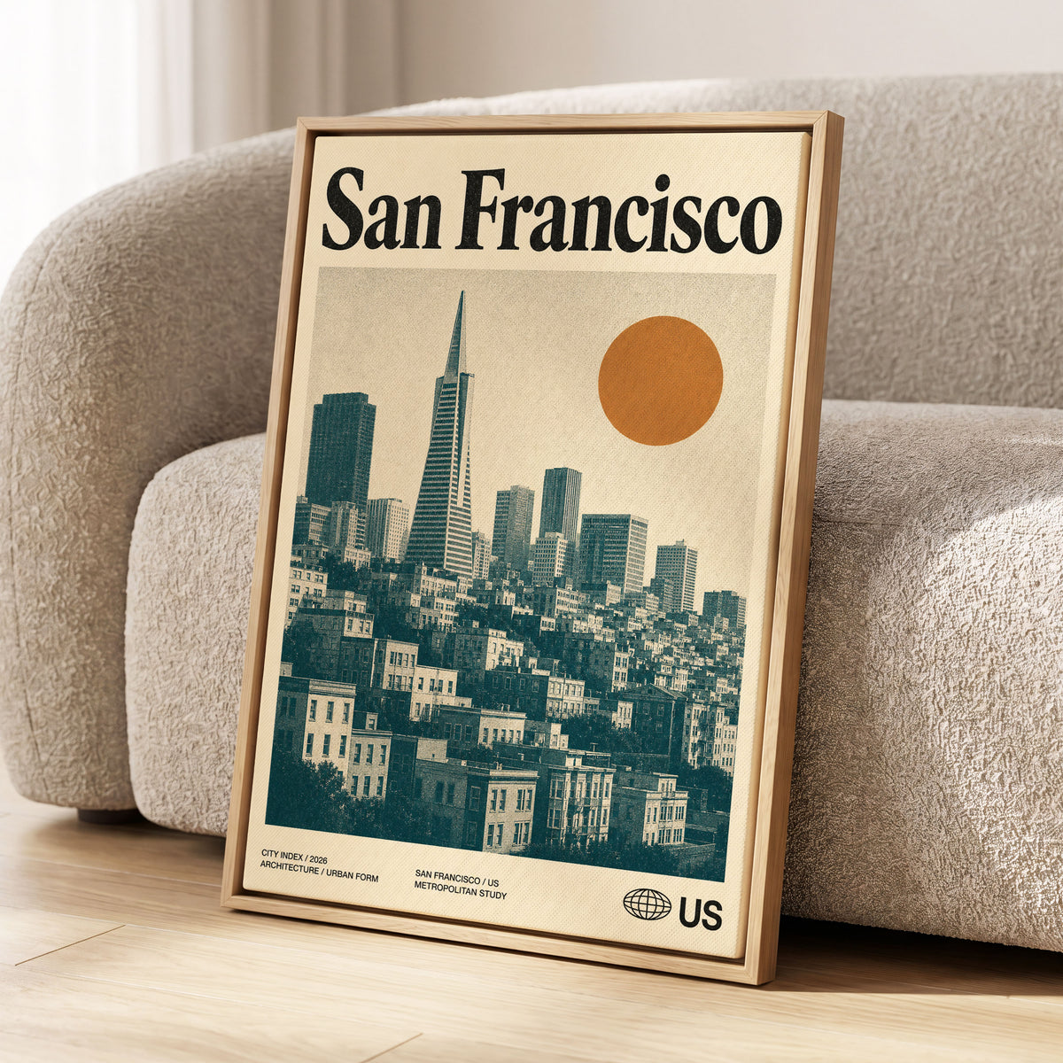 Golden City Modernism, beige, green, orange minimalist wall art displayed in a styled interior, gallery view 1