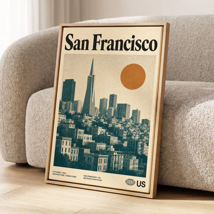 Golden City Modernism, beige, green, orange minimalist wall art displayed in a styled interior, gallery view 1