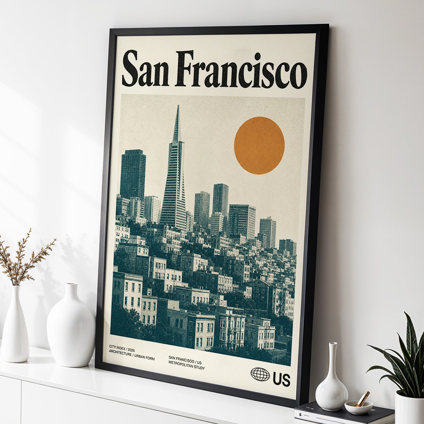 Golden City Modernism, beige, green, orange minimalist wall art displayed in a styled interior, gallery view 2