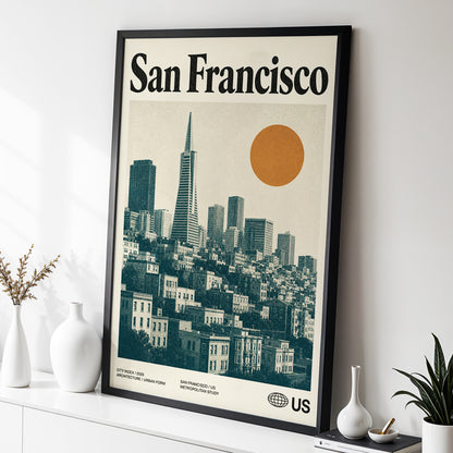 Golden City Modernism, beige, green, orange minimalist wall art displayed in a styled interior, gallery view 2