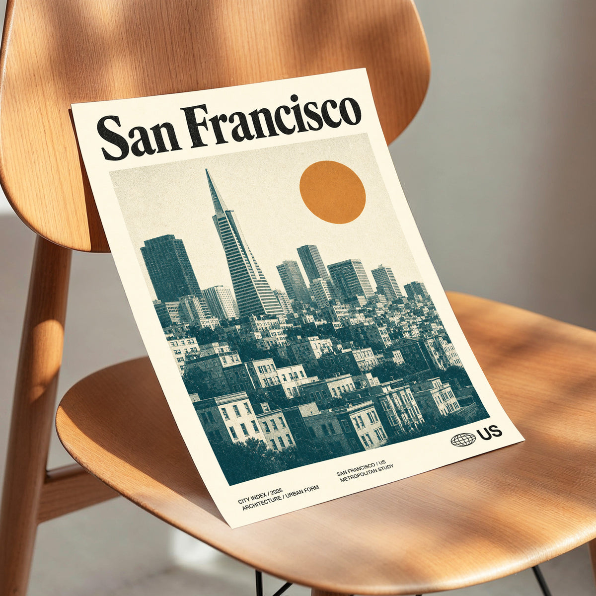 Golden City Modernism, beige, green, orange minimalist wall art displayed in a styled interior, gallery view 3