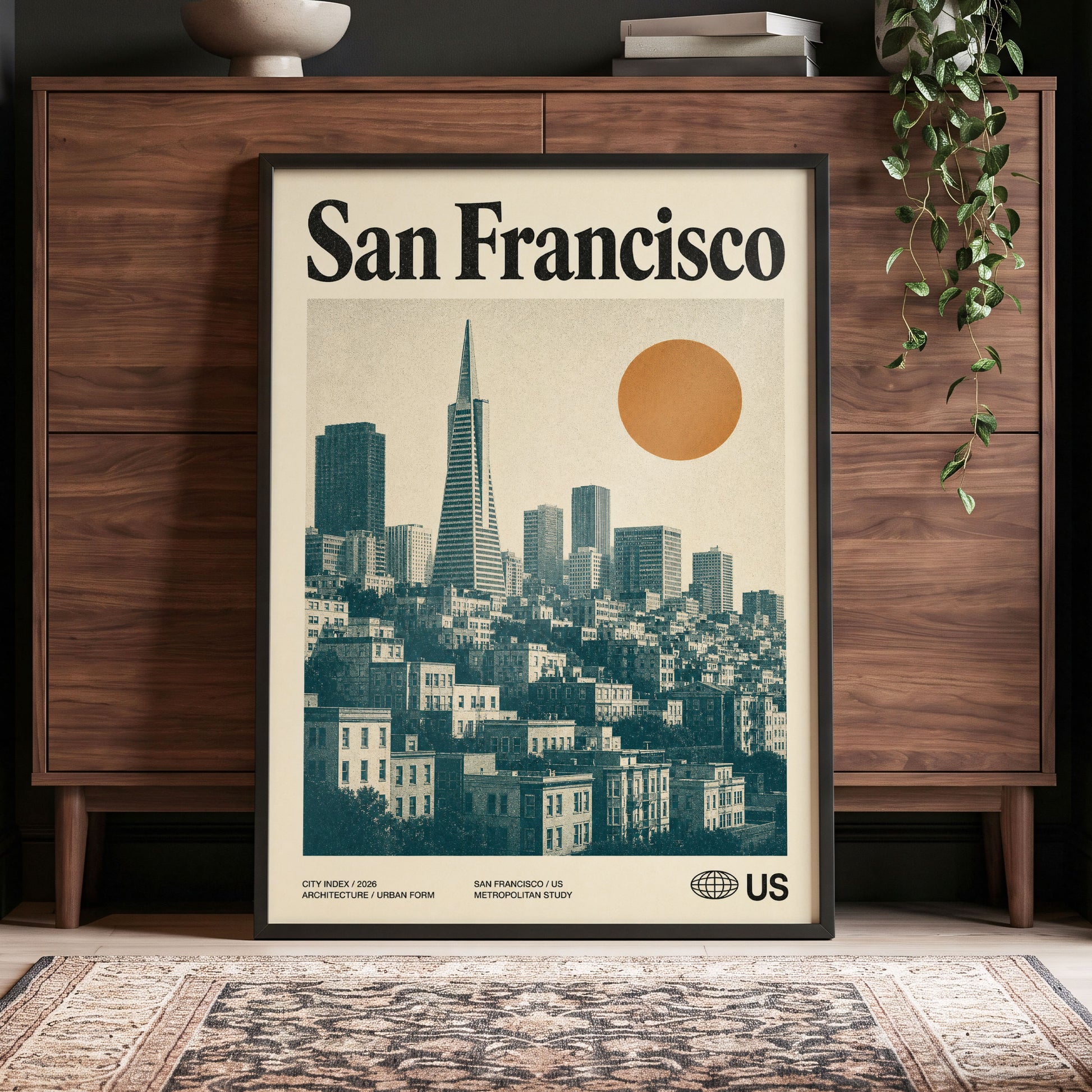 Golden City Modernism, beige, green, orange minimalist wall art displayed in a styled interior, gallery view 4