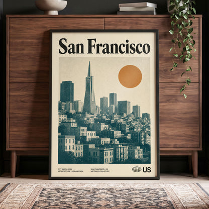 Golden City Modernism, beige, green, orange minimalist wall art displayed in a styled interior, gallery view 4