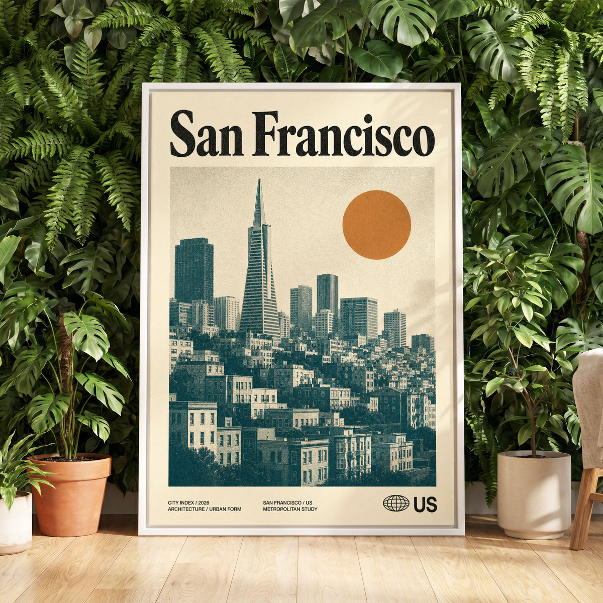 Golden City Modernism, beige, green, orange minimalist wall art displayed in a styled interior, gallery view 5