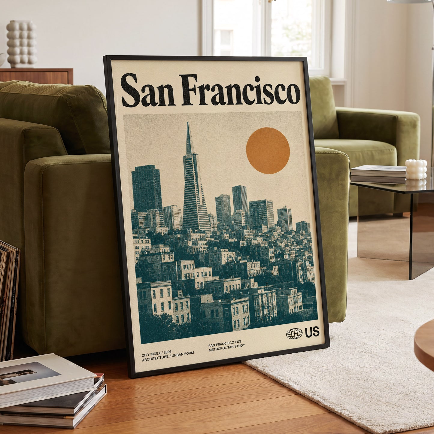 Golden City Modernism, beige, green, orange minimalist wall art displayed in a styled interior, gallery view 6