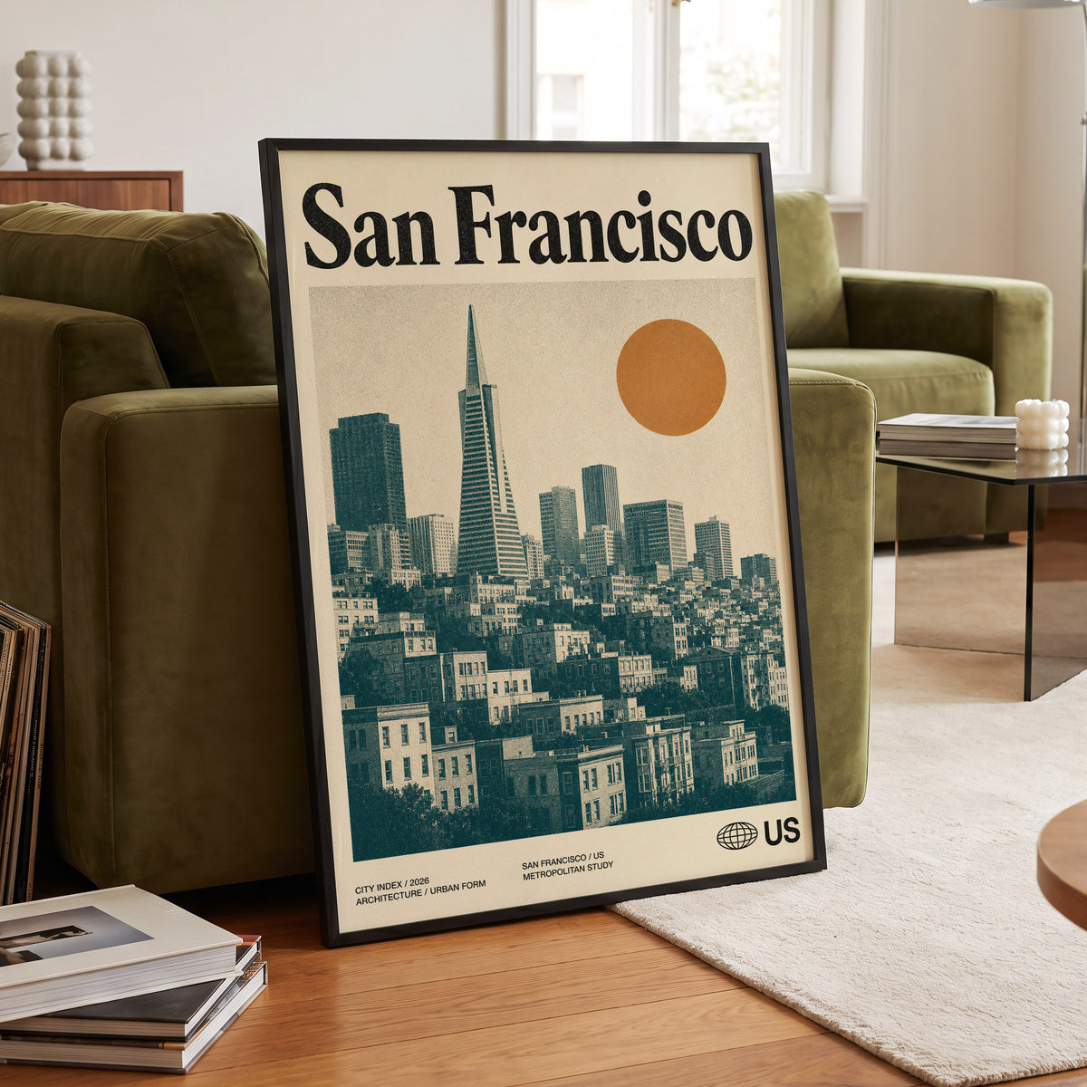 Golden City Modernism, beige, green, orange minimalist wall art displayed in a styled interior, gallery view 6