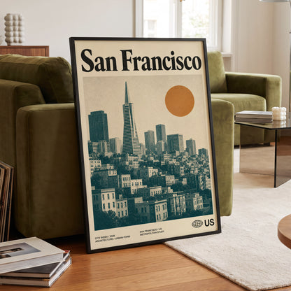 Golden City Modernism, beige, green, orange minimalist wall art displayed in a styled interior, gallery view 6