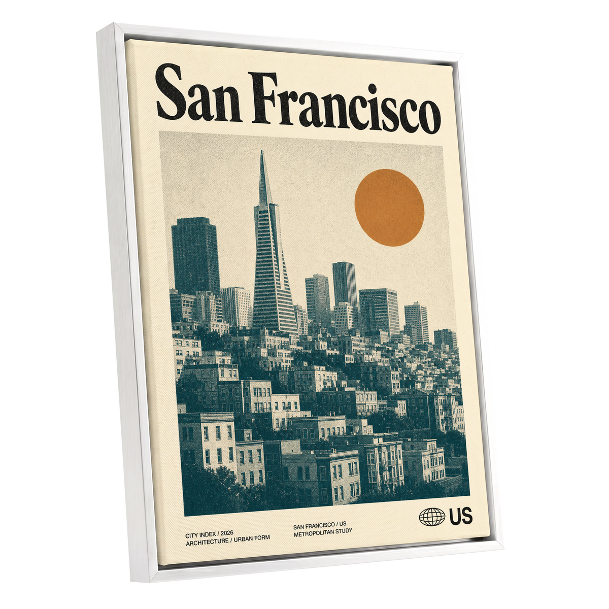 Golden City Modernism, beige, green, orange minimalist wall art shown as a white framed canvas wall art