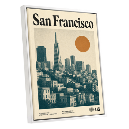 Golden City Modernism, beige, green, orange minimalist wall art shown as a white framed canvas wall art