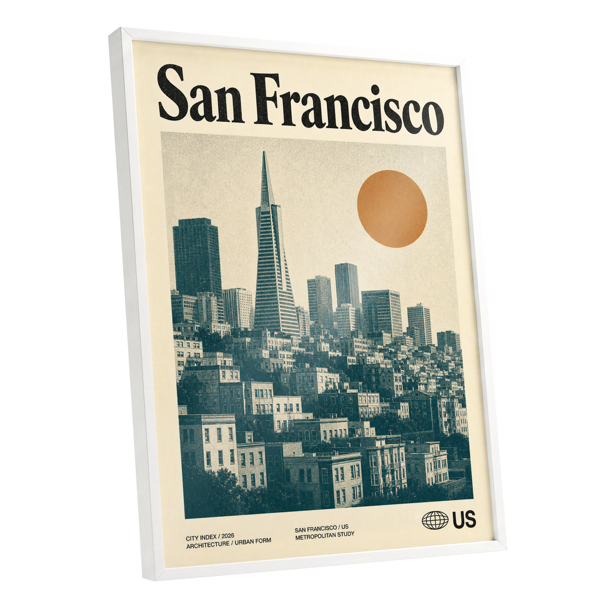 Golden City Modernism, beige, green, orange minimalist wall art shown as a white framed poster wall art print