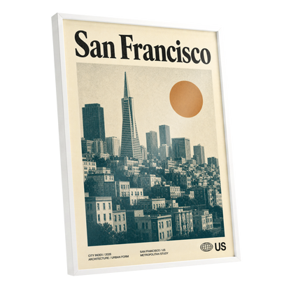 Golden City Modernism, beige, green, orange minimalist wall art shown as a white framed poster wall art print