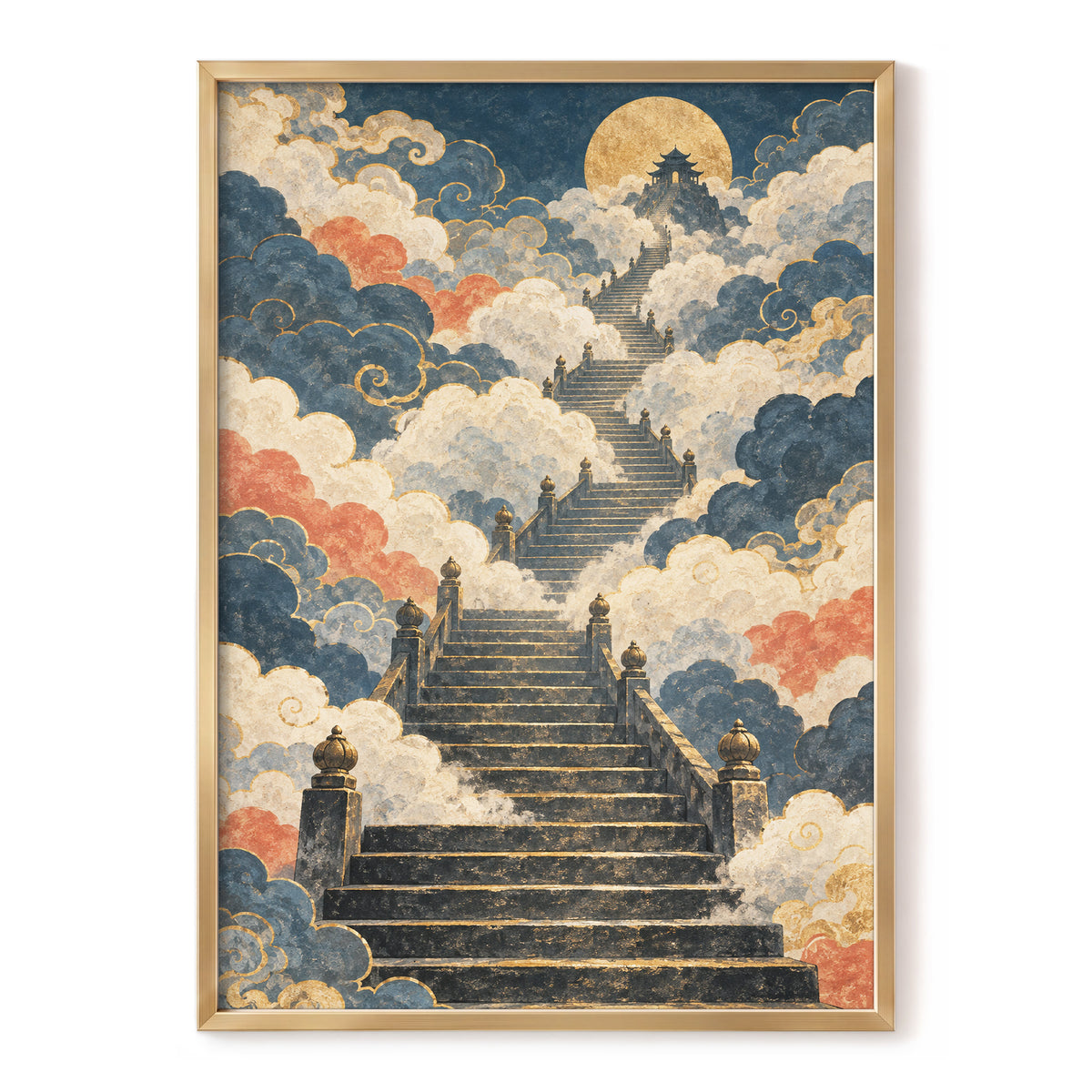 Golden Cloud Ascent, blue, beige, gold abstract wall art, front artwork view