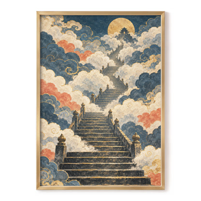 Golden Cloud Ascent, blue, beige, gold abstract wall art, front artwork view
