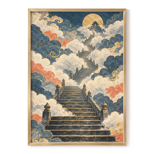 Golden Cloud Ascent, blue, beige, gold abstract wall art, front artwork view