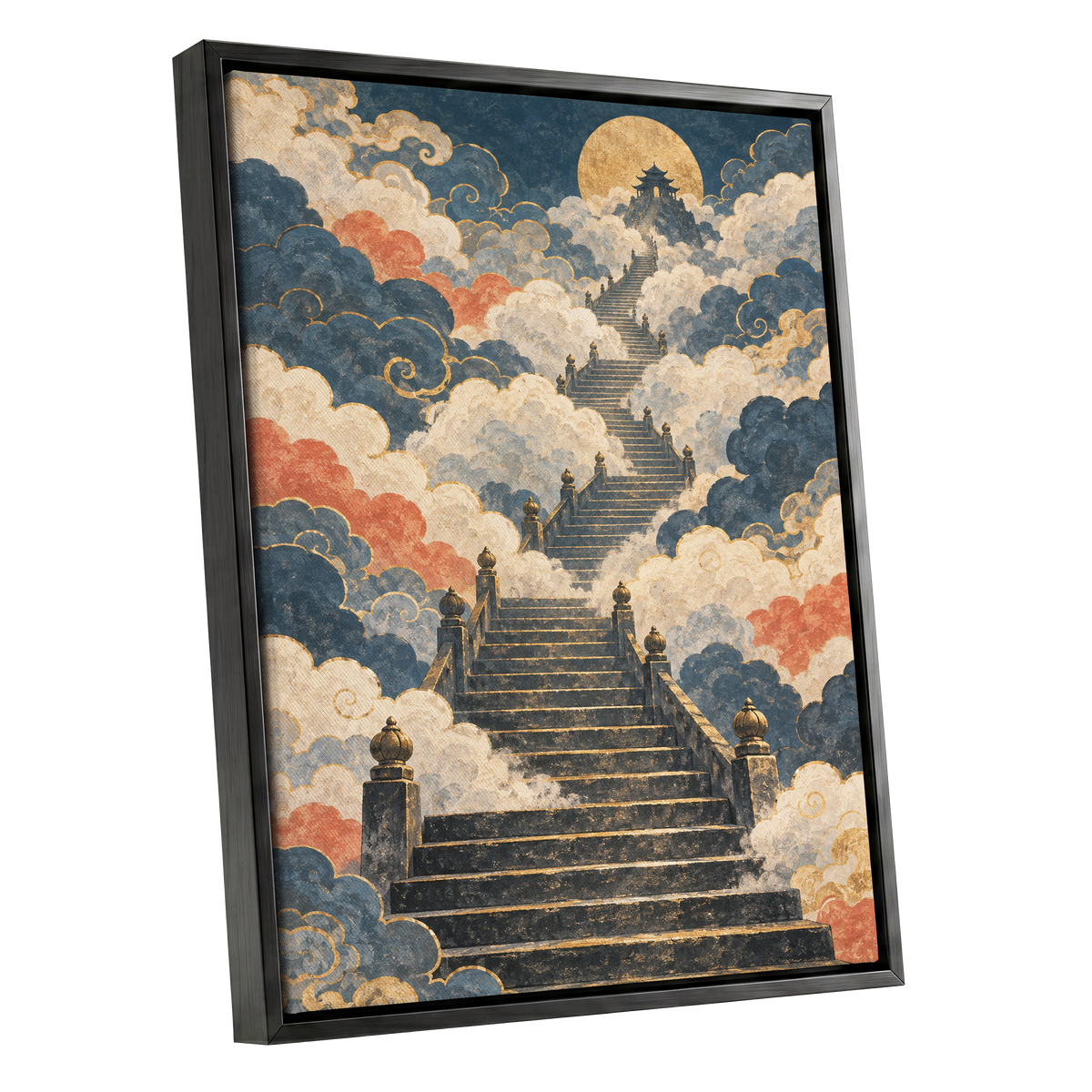 Golden Cloud Ascent, blue, beige, gold abstract wall art shown as a black framed canvas wall art