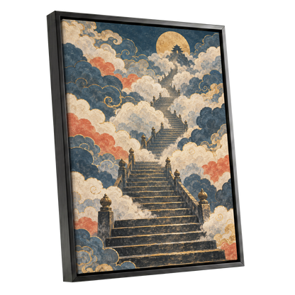 Golden Cloud Ascent, blue, beige, gold abstract wall art shown as a black framed canvas wall art