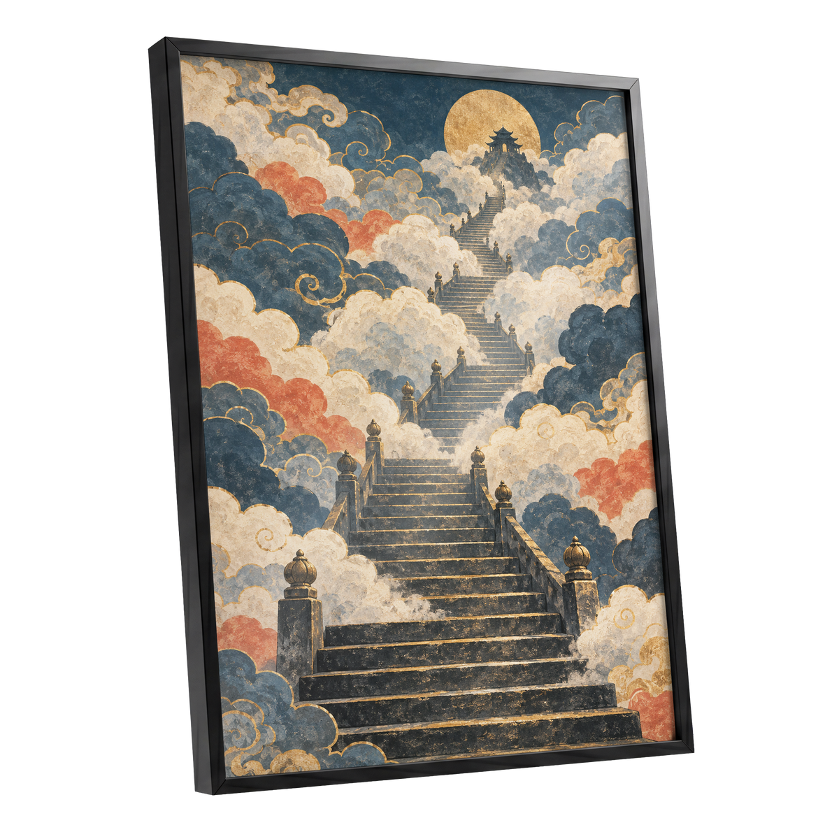 Golden Cloud Ascent, blue, beige, gold abstract wall art shown as a black framed poster wall art print