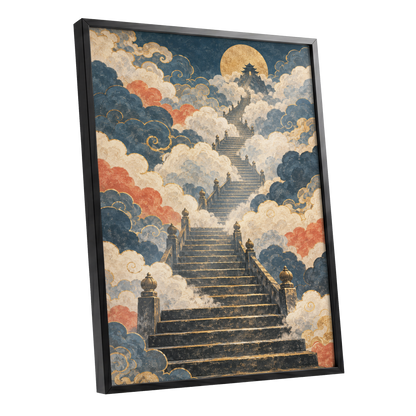 Golden Cloud Ascent, blue, beige, gold abstract wall art shown as a black framed poster wall art print