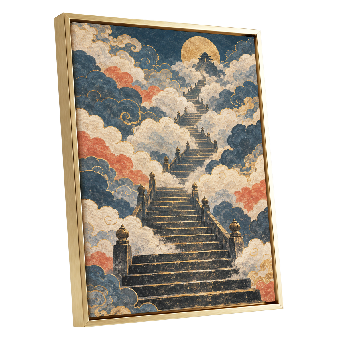 Golden Cloud Ascent, blue, beige, gold abstract wall art shown as a gold framed canvas wall art