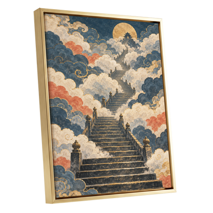 Golden Cloud Ascent, blue, beige, gold abstract wall art shown as a gold framed canvas wall art
