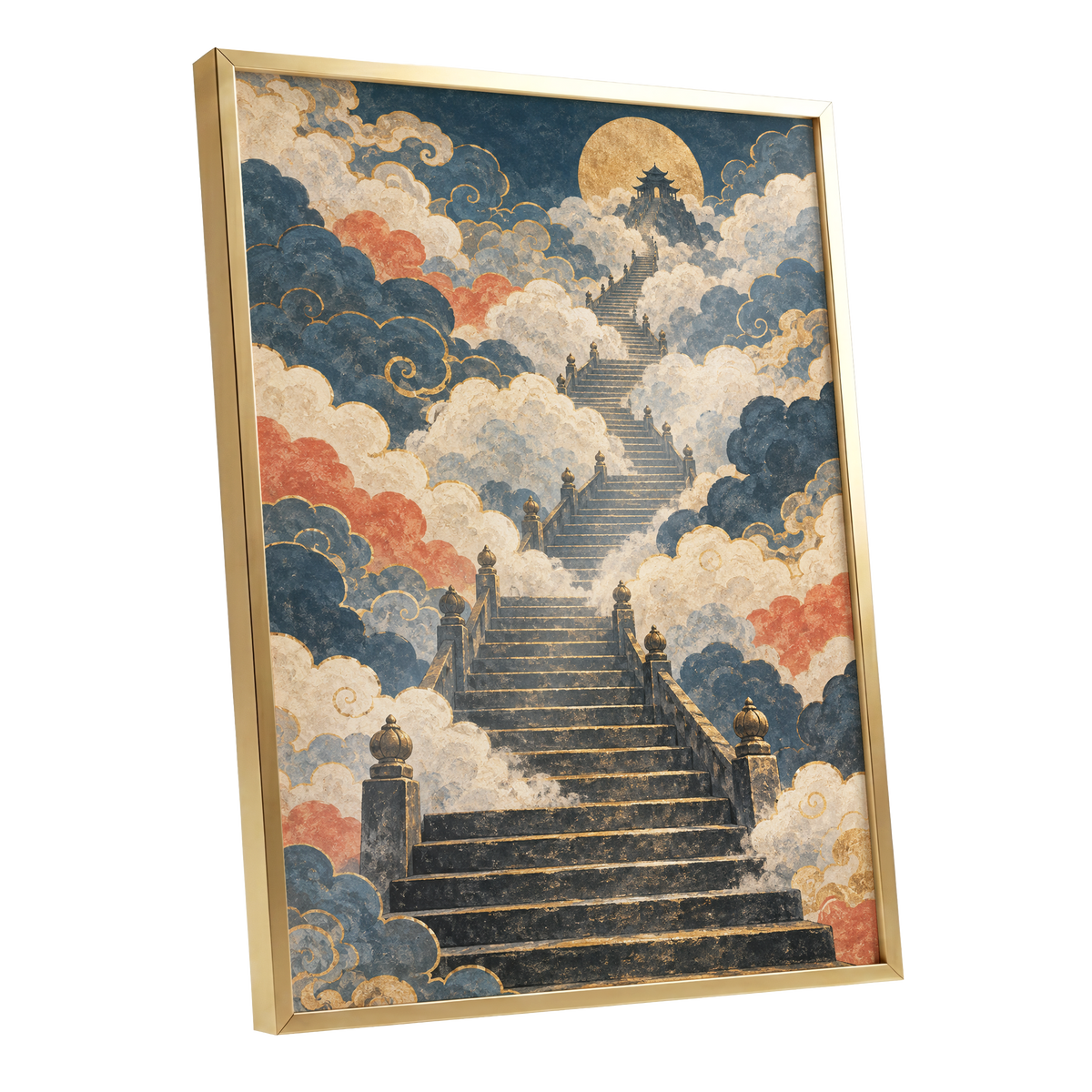 Golden Cloud Ascent, blue, beige, gold abstract wall art shown as a gold framed poster wall art print
