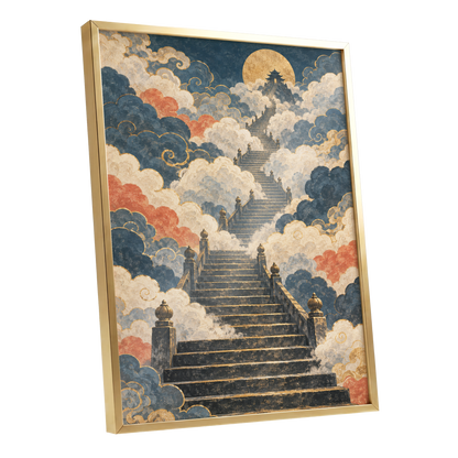 Golden Cloud Ascent, blue, beige, gold abstract wall art shown as a gold framed poster wall art print