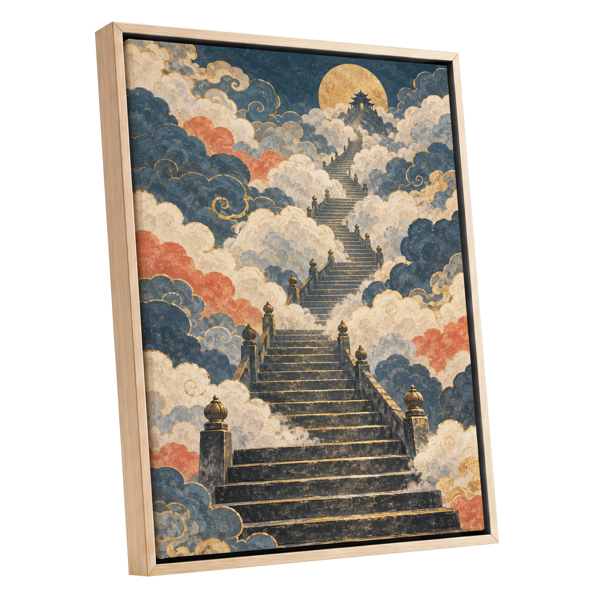 Golden Cloud Ascent, blue, beige, gold abstract wall art shown as a oak framed canvas wall art