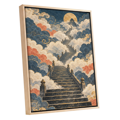 Golden Cloud Ascent, blue, beige, gold abstract wall art shown as a oak framed canvas wall art