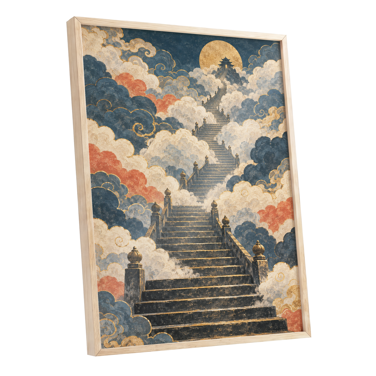 Golden Cloud Ascent, blue, beige, gold abstract wall art shown as a oak framed poster wall art print